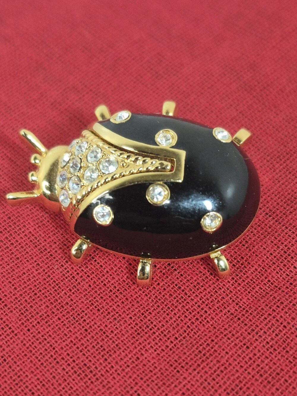 Vtg. St. John Gold-tone Black Enamel and Crystal Rhinestone Ladybug Brooch/Pin
